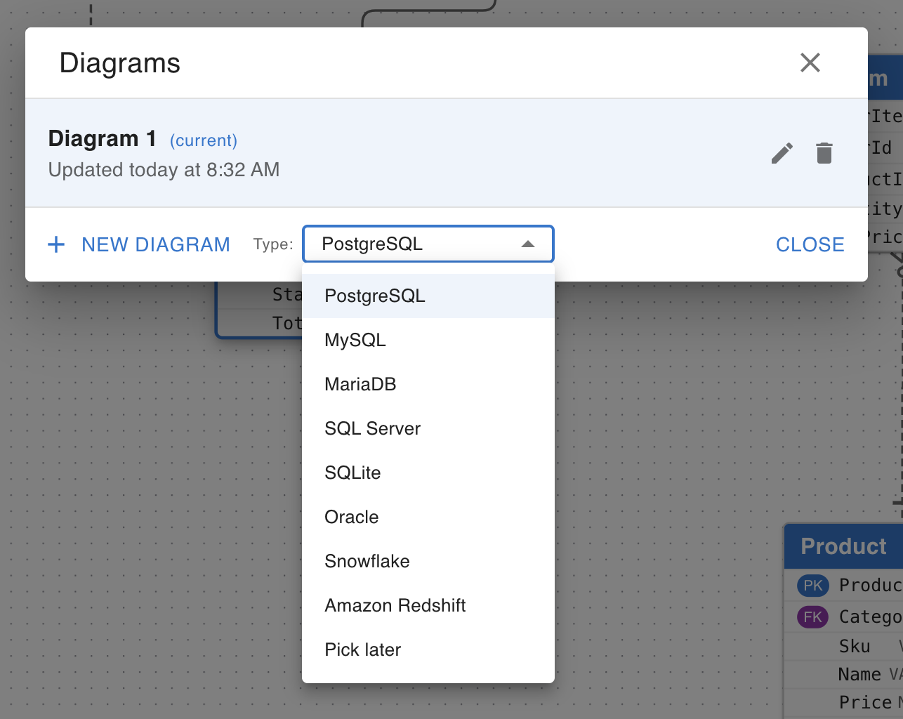 ERDone's Diagrams panel with the target-database dropdown open, showing all eight supported dialects plus Pick later