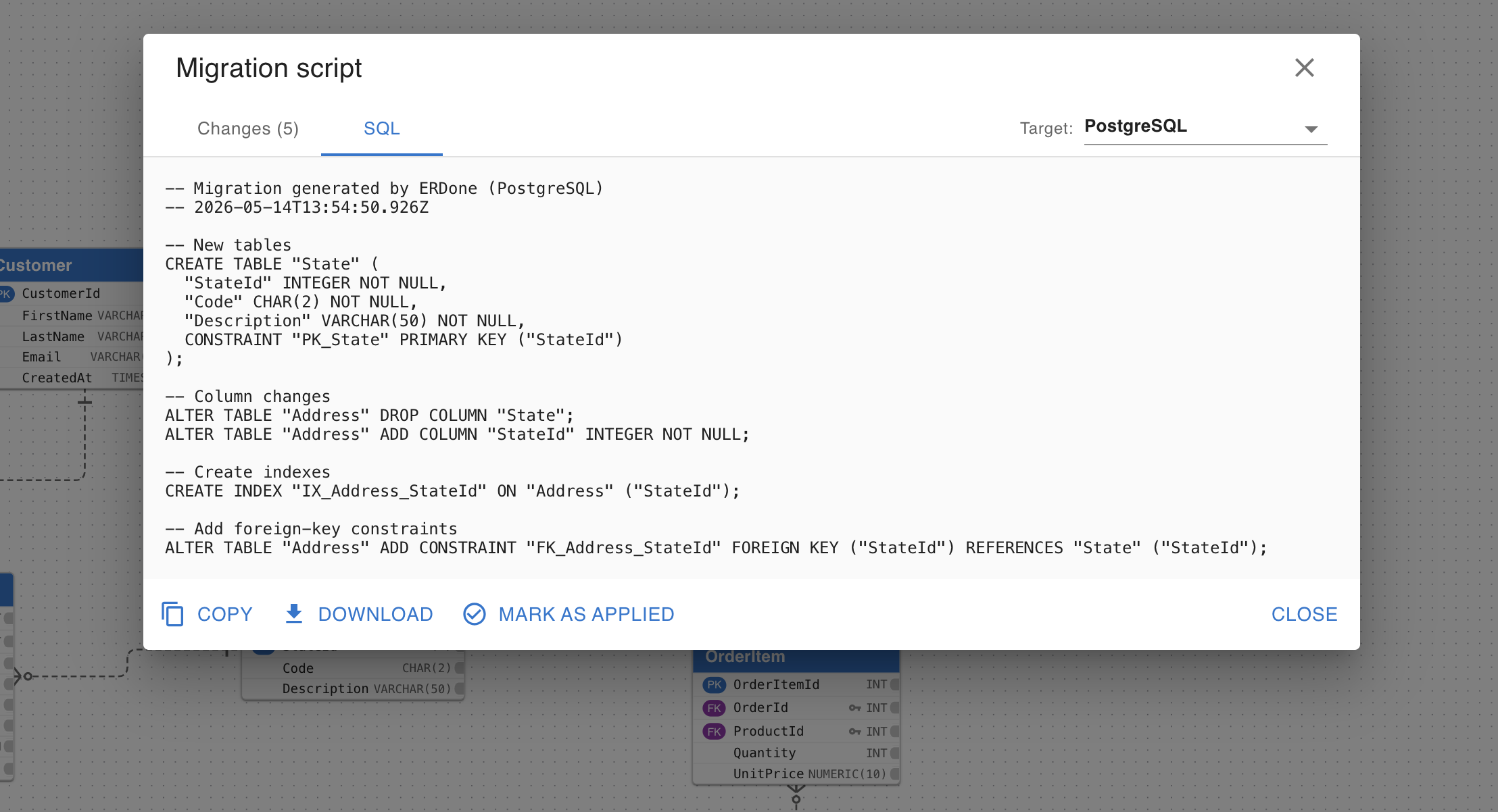 ERDone's Migration script panel on the SQL tab, showing generated PostgreSQL CREATE TABLE, ALTER, CREATE INDEX, and ADD CONSTRAINT statements
