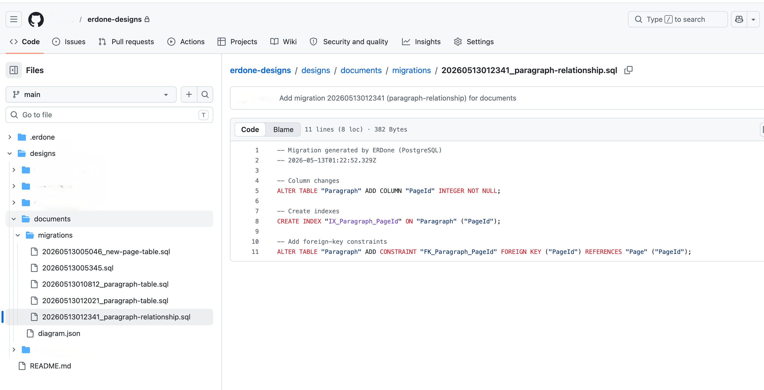 A GitHub repo view of erdone-designs — the file tree shows a designs folder containing diagram.json and a migrations folder of timestamped .sql files, with one migration file's contents open