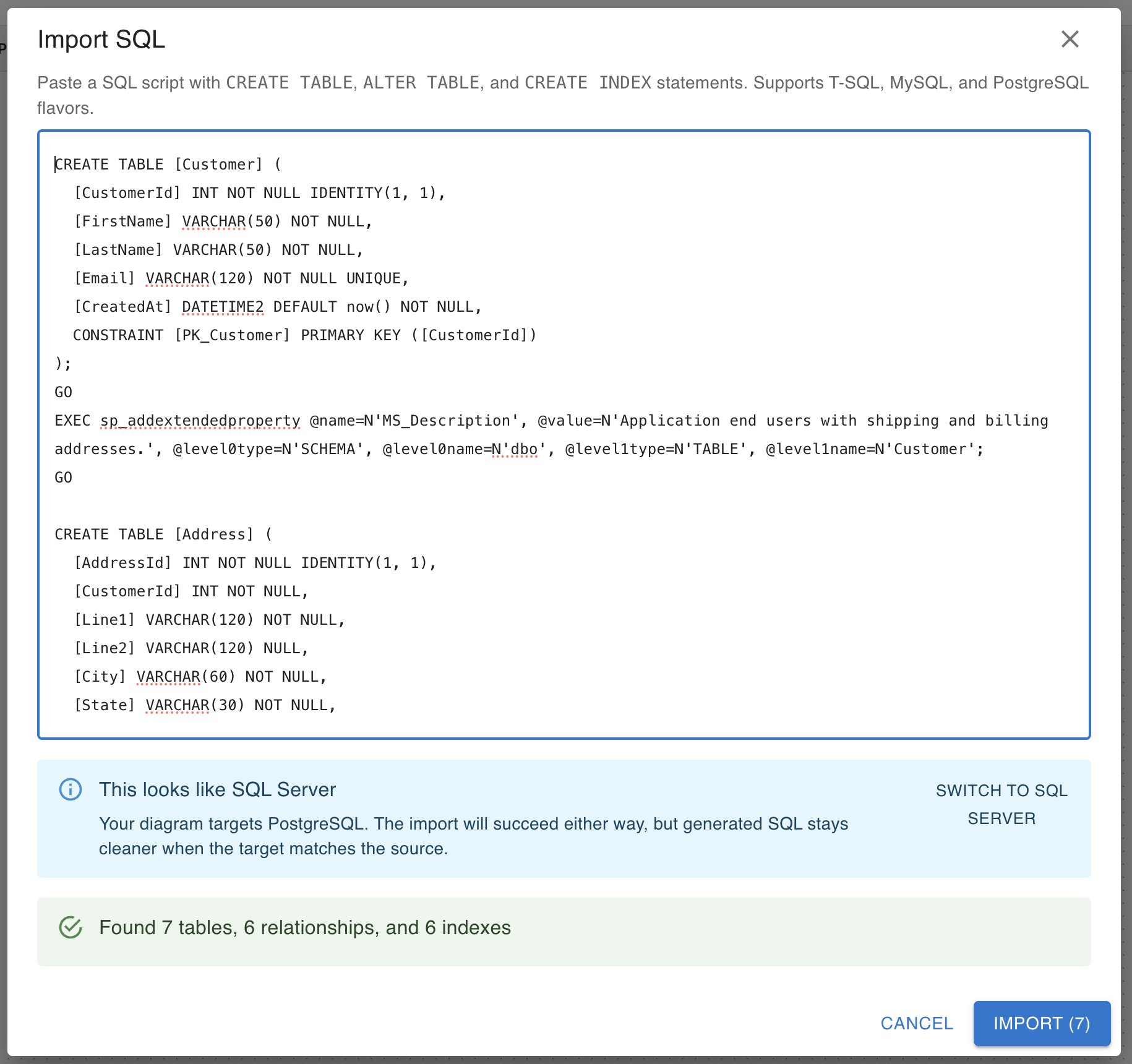 ERDone's Import SQL dialog with a pasted T-SQL script, a 'This looks like SQL Server' detection banner offering to switch the target, and a parse summary reading 'Found 7 tables, 6 relationships, and 6 indexes'