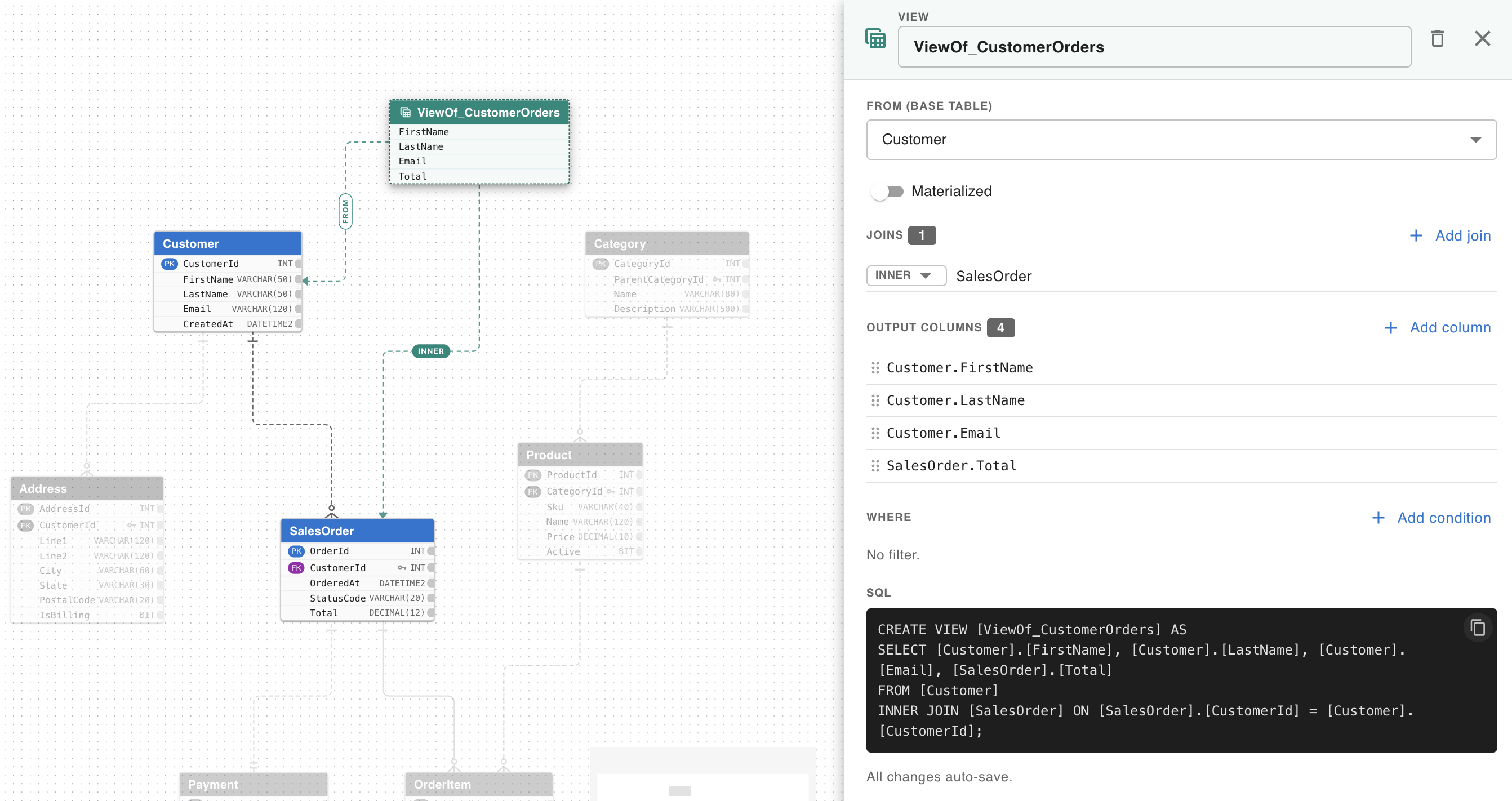 ERDone's view builder: a ViewOf_CustomerOrders drawer with base table Customer, an INNER join to SalesOrder, four output columns (Customer.FirstName, LastName, Email, SalesOrder.Total), and the live generated CREATE VIEW … INNER JOIN SQL — beside the canvas where the view node links by FROM and INNER edges to its source tables